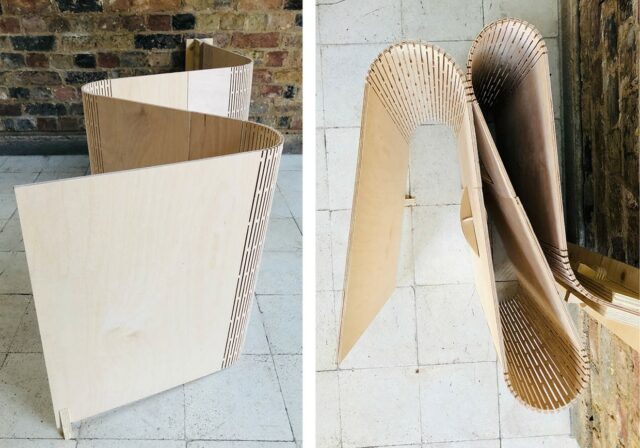 bio-based partition that is stood up on the ground, creating an 'S' shape