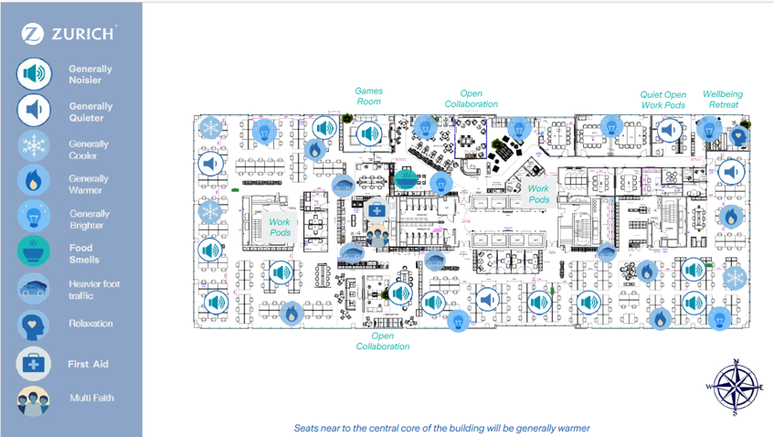 example of a sensory map. There are multiple rooms showing different symbols, such as a speaker, to indicate which senses will be stimulated in that area.